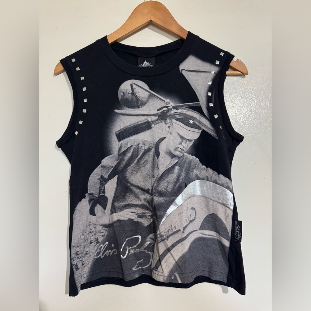 Vintage Elvis Presley Dragonfly black graphic tank top studded 100% cotton Large